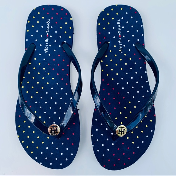 Tommy Hilfiger Flip Flop Navy/Color dots/Gold Sz 7 - Picture 5 of 12